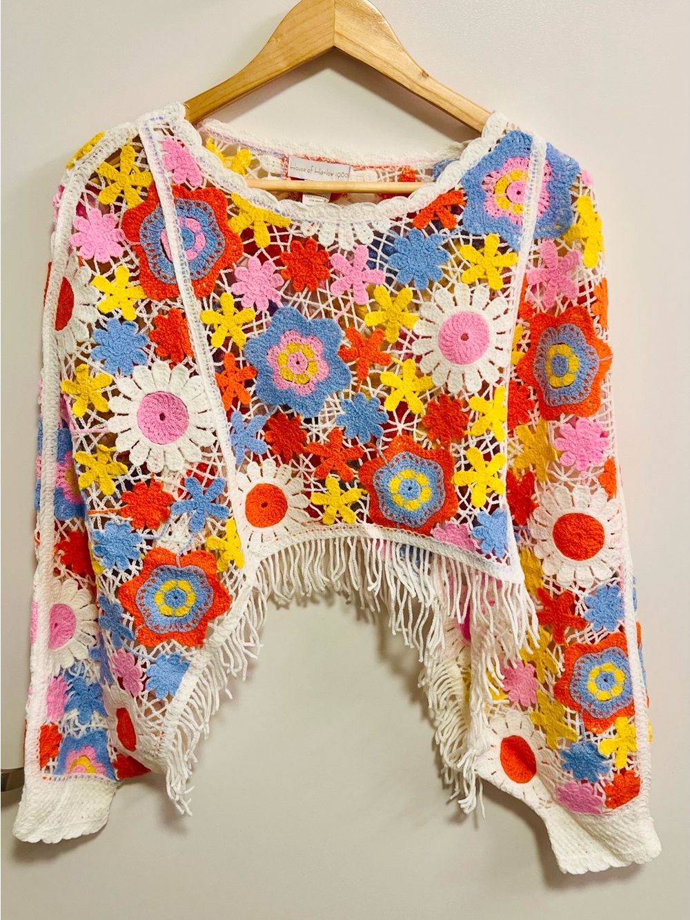 House of Harlow 1960 by Revolve Floral Crochet Fringe Sweater Cover-Up One Size - Picture 2 of 7